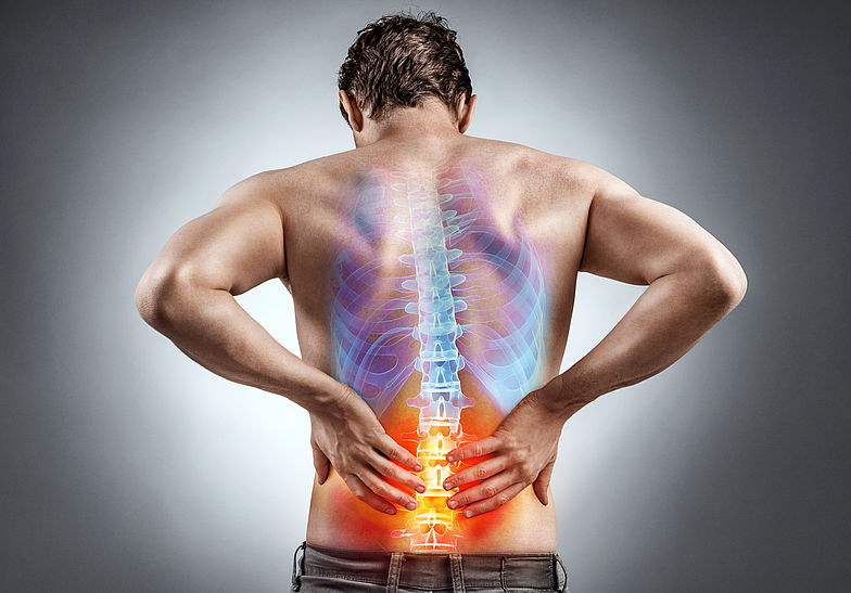 Mann hält sich mit beiden Händen den Rücken vor Schmerzen, welcher die Anatomie der Wirbelsäule zeitgleich abbildet.